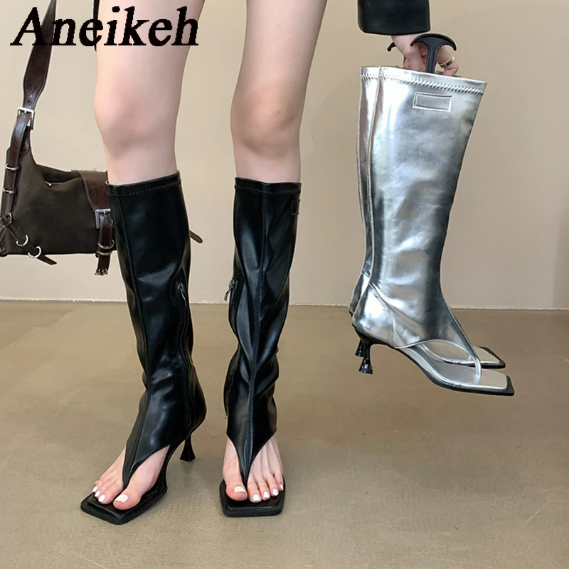 Aneikeh2024 Sexy Patent Leather Square Toe Sandals Boots Women\'s Thin Heel Side Zipper Sewing Chelsea Knee High Boots Party Club