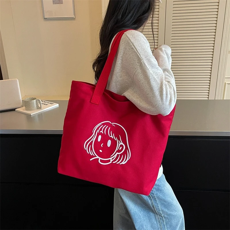 Cartoon Embroidered Tote Bag Versatile Large Capacity Canvas Underarm Shoulder Bag Women New Fashion Lightweight Thick Handbag