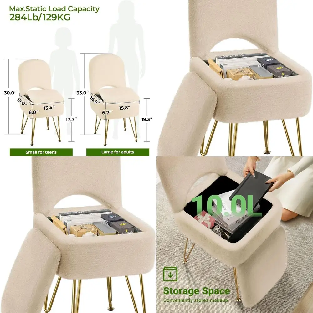 

Folding Vanity Stool with Storage, 13.4 x 15 x 30, Square Faux Fur Ottoman, Metal Legs, Anti-Slip, Padded Seat for Makeup, Bedro