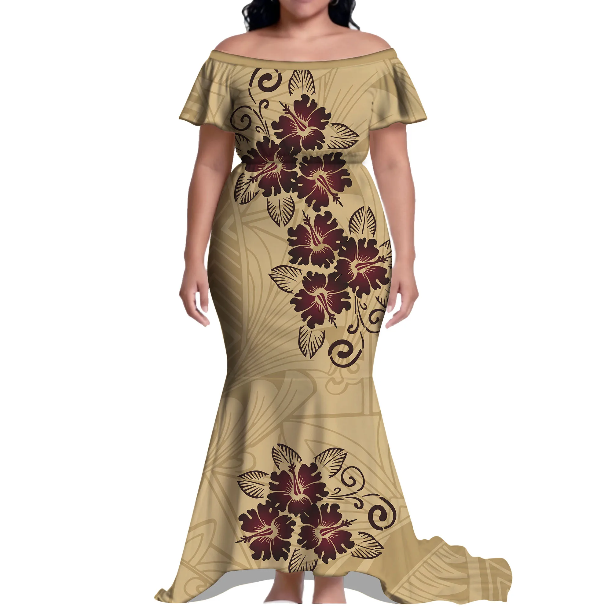 

Бесплатная доставка на одно плечо, расклешенные рукава, длинное платье на заказ, юбка длиной до пола, дизайн, полинезийское женское платье