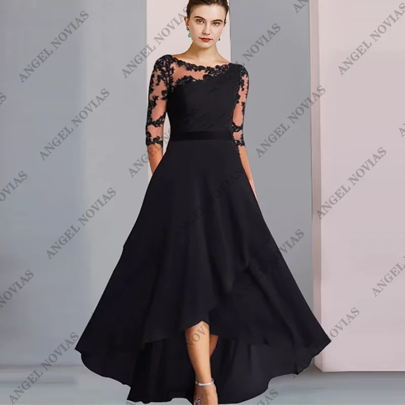 Customized A-Line Long Mother of the Bride Dress Wedding Guest Elegant High Low Scoop Neck Asymmetrical Chiffon Lace 2024