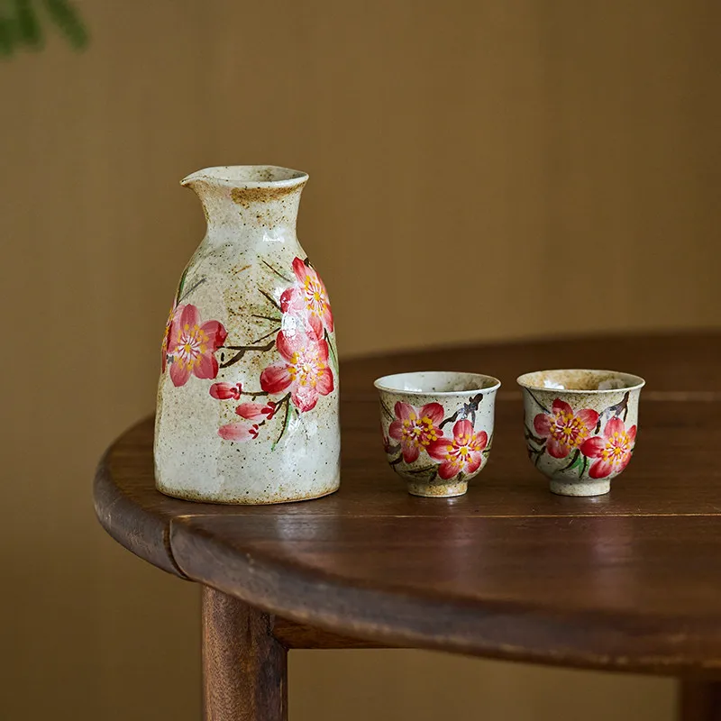 Hand Painted Peach Blossom Sunflower Pattern Ceramic Sake Jug Wine Glass Set, 1 Pot + 2 Cup, Restaurant Supplies, Wine Dispenser
