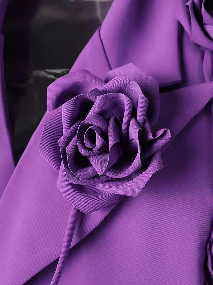 TLXT แฟชั่นผู้หญิงสีม่วงสามมิติดอกไม้เบลเซอร์ปกหลวมไหล่เดี่ยวเสื้อสูทฤดูใบไม้ร่วงใหม่