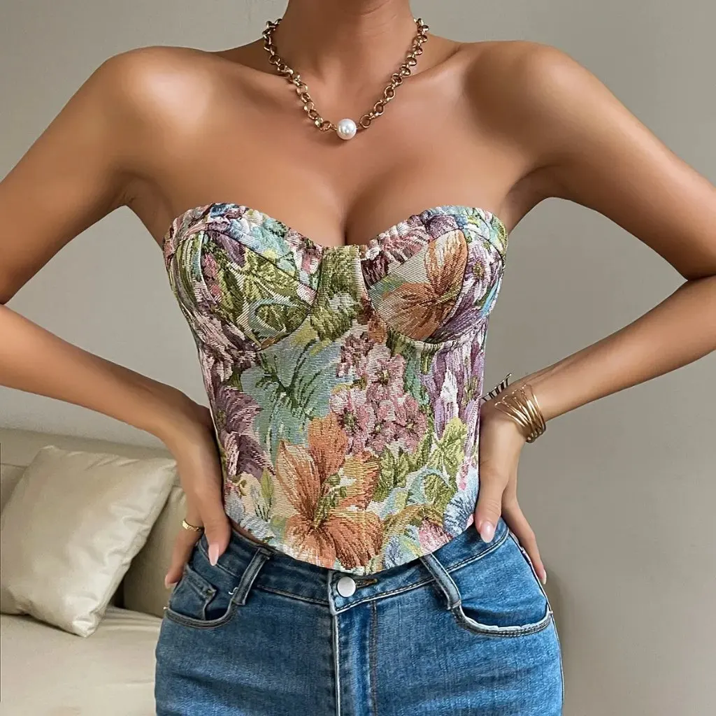 

Retro European And American Style Floral Detail Adjustable Tube Top Waist Strap French Court Style Women's Fashion Vest