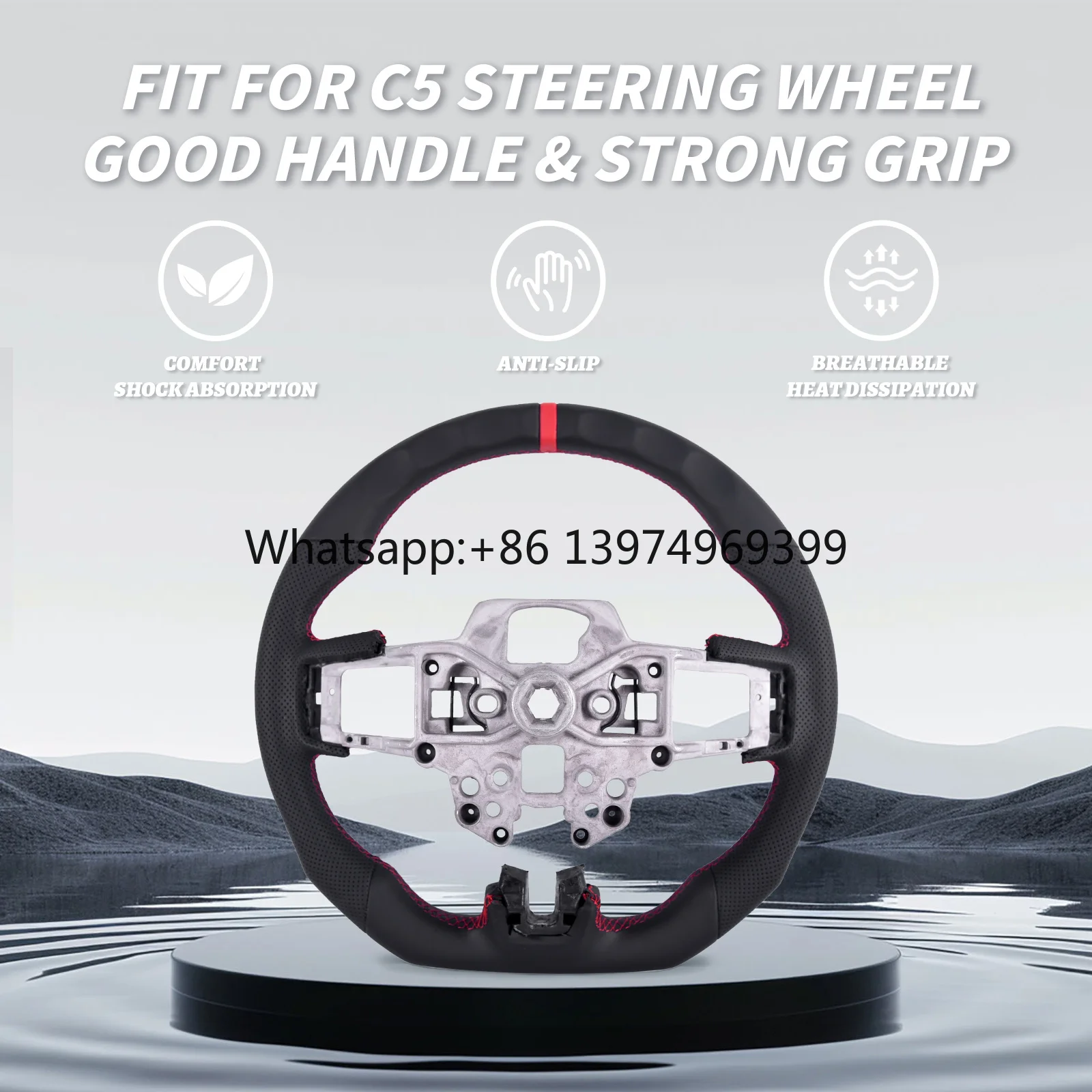 Full Leather Steering Wheel D-shape Flat Bottom with Perforated  for Mustang EcoBoost/GT/Shelby GT350/GT350R 2018-2023