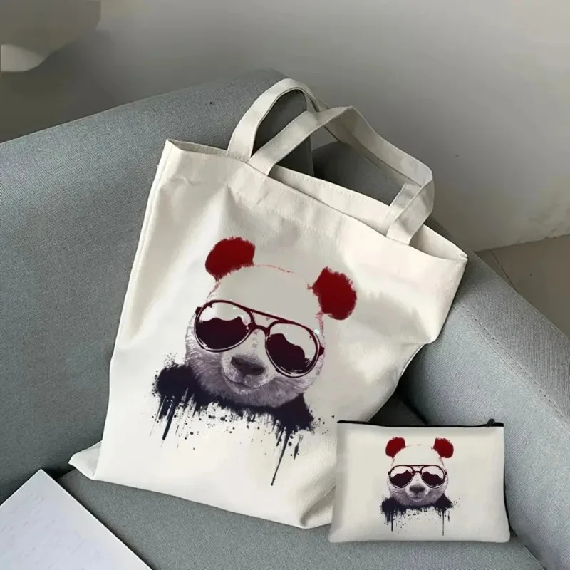 

2pcs Cute Panda Casual Ladies Handbag Cosmetic Bag Fashion Shoulder Bag Eco Large Capacity Shopping Bag Cosmetic Storage Bag