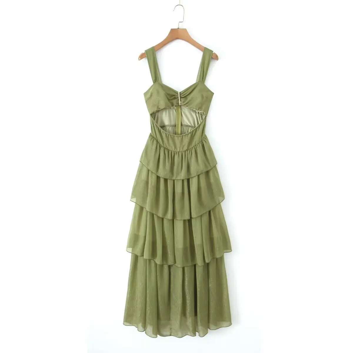 

2025 Holiday Summer Women's Long Dress Metal Button Hollow Waist Ruffle Cake Dresses Sleeveless V-Neck Spaghetti Straps Dress
