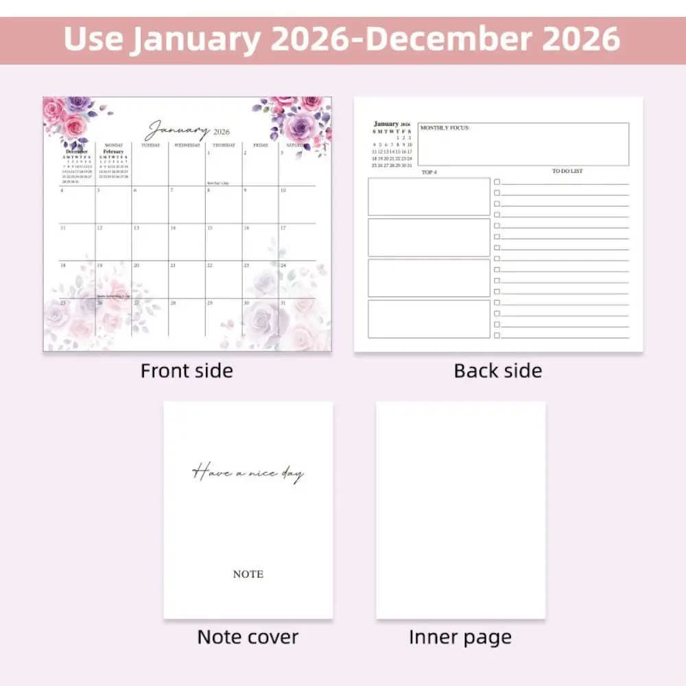 Portable Jan. 2026 - Dec. 2026 2026 Flower Calendar Foldable Planning English Calendar Colorful Daily Study Record Calendar Home