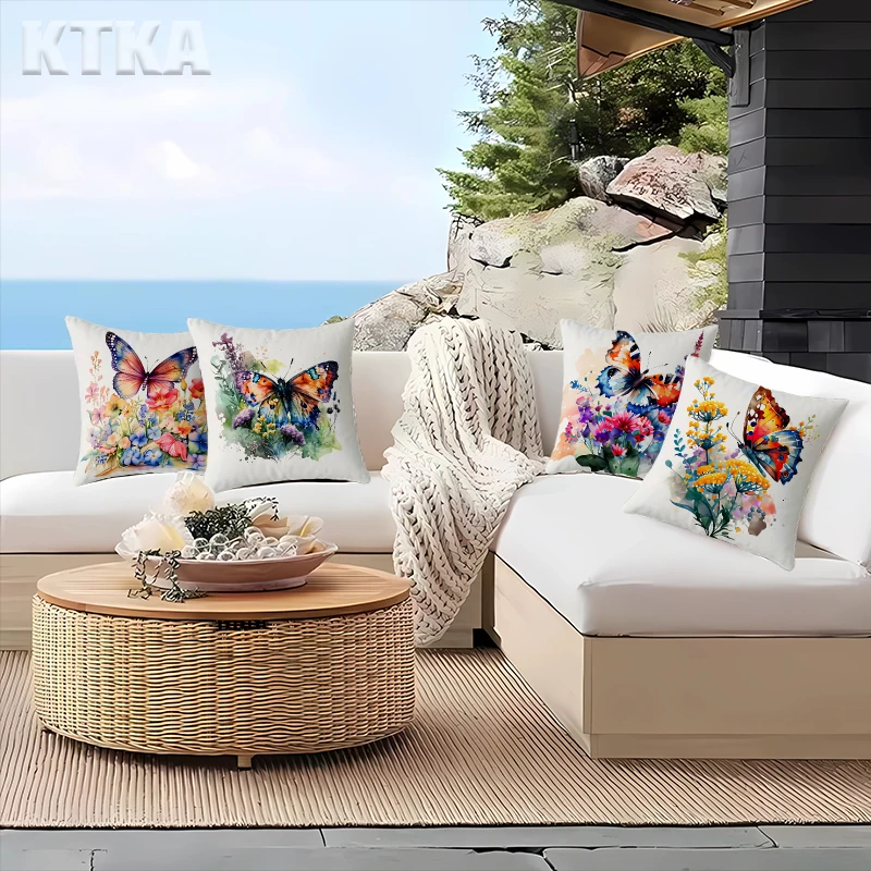 4Pcs, Watercolor Hand-Painted Butterfly Floral Pillow Covers, Single-Sided, Zipper Closure, Washable Polyester - Perfect for Sofa, Living Room, Bedroom Decoration, Decorative Pillows.