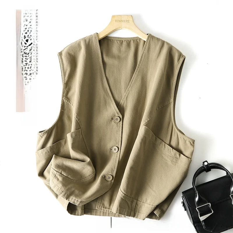 

Women's Pure Cotton BF Sle Vest Retro oulder Pad ort Jaet Loose Fit V-Ne No Sve Tee Buttons Casual irt