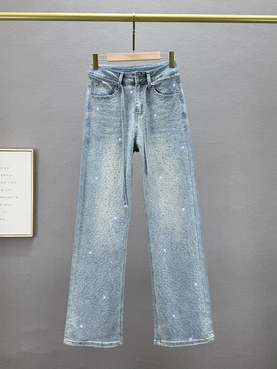 

High Waist Straight Leg Jeans Women's Trendy Spring New Loose Slimming Glittering Long-lasting Cotton Stretch Denim Jeans