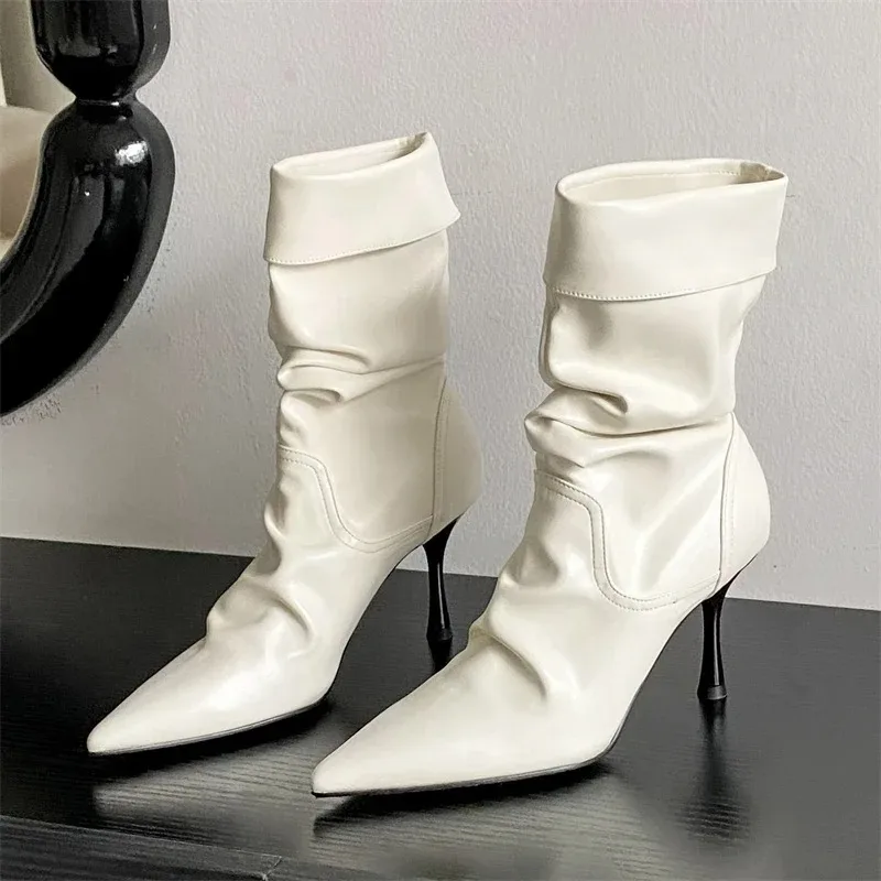 

Designer Woman Shoes Autumn Pleated Ankle Boots Detachable Knee High Boots Sexy High Heels Pointed Toe Shoes Modern Short Botas