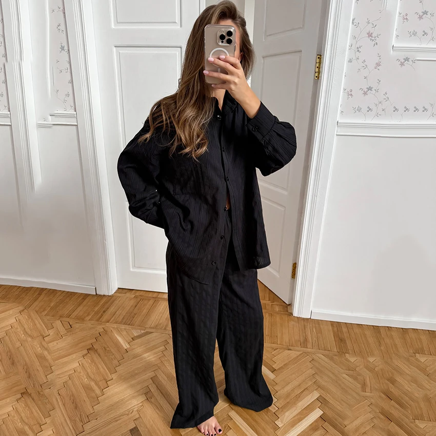 

HiLoc Autumn Elegant Jacquard Black Pants Pajamas 2 Piece Sets Home Stand Collar Button Up Shirts Loose Trousers 2025 Trend Suit