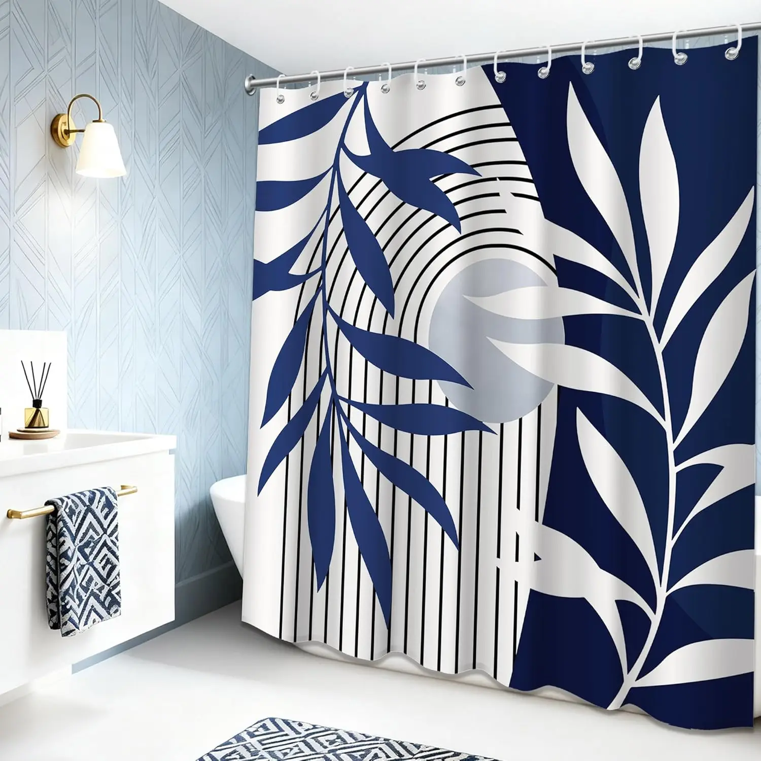 Navy Blue Boho Leaf Shower Curtain – Mid-Century Modern Abstract Design, Stylish Bathroom Decor 12PCS Hooks 71X71in