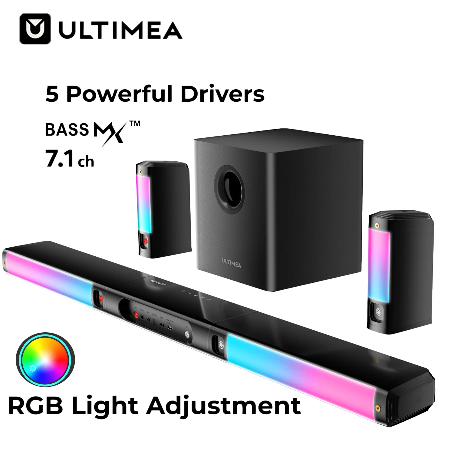 

ULTIMEA 7.1-канальная виртуальная звуковая панель 410 Вт для Smart TV с 2 саундбарами, RGB-подсветкой, 6,5-дюймовым сабвуфером, акустическая система для телевизора