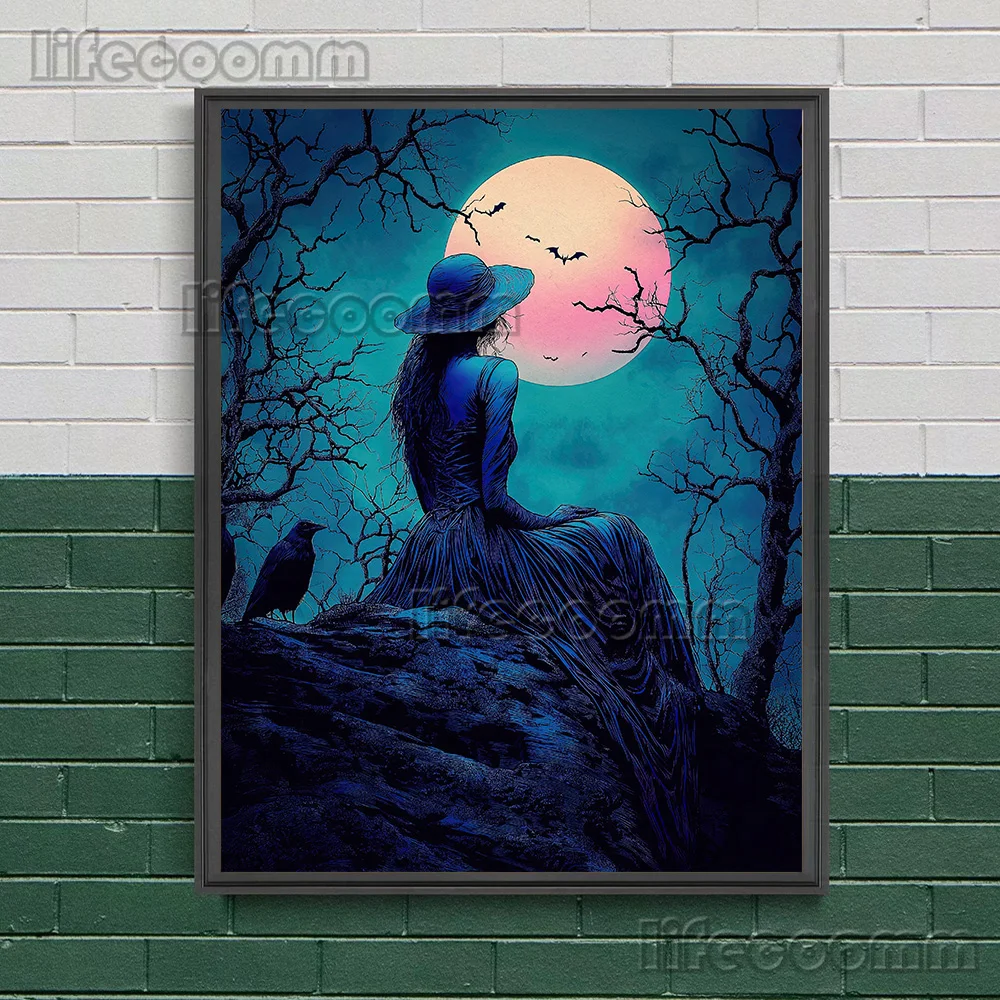 Lonely Night Witch Abstract Wall Art Canvas Painting,Pagan Witchcraft Aesthetics Illustration Art Poster And Print Home Decor