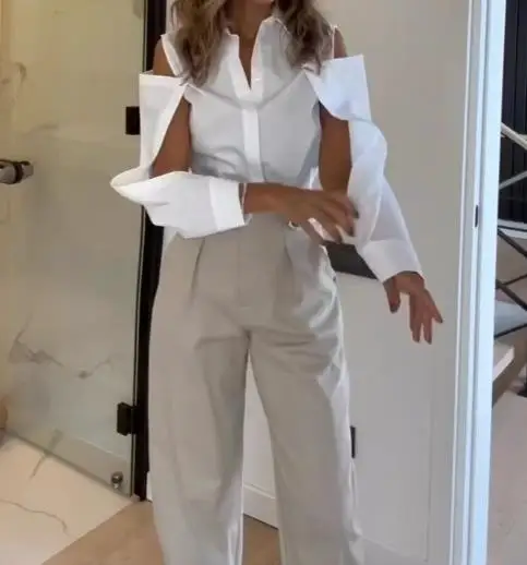 

Women's Elegant Off Shoulder Shirt & High Waist Pants Set Temperament Commuting New Fashion Women Trousers Outfit Two Piece Sets