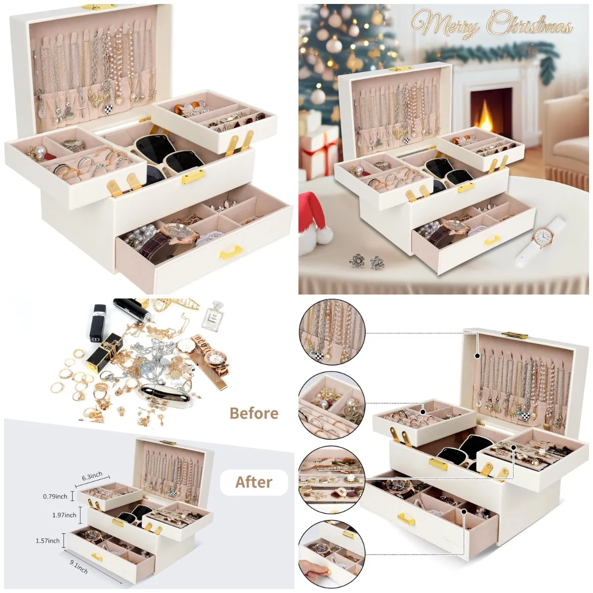 

Шкатулка для драгоценностей для женщин, 3-слойный органайзер, хранилище для сережек и колец, футляр для ожерелья и браслета (облако белый + золото)