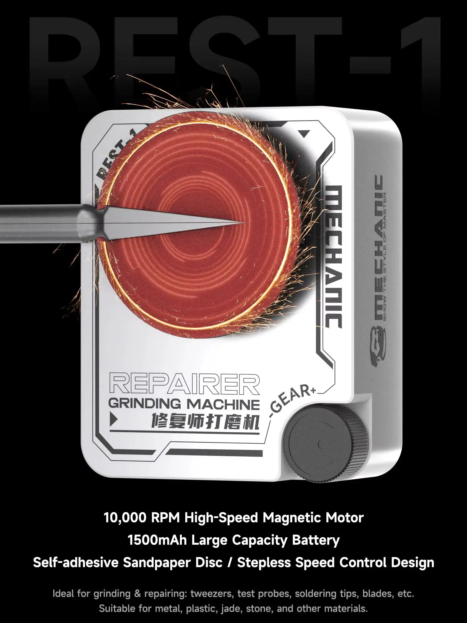 MECHANIC REST-1 Professionelle Schleifmaschine für Pinzettenspitzen/Lötkolbenspitzen Reparatur Klingenschleifwerkzeug mit Schleifpapier