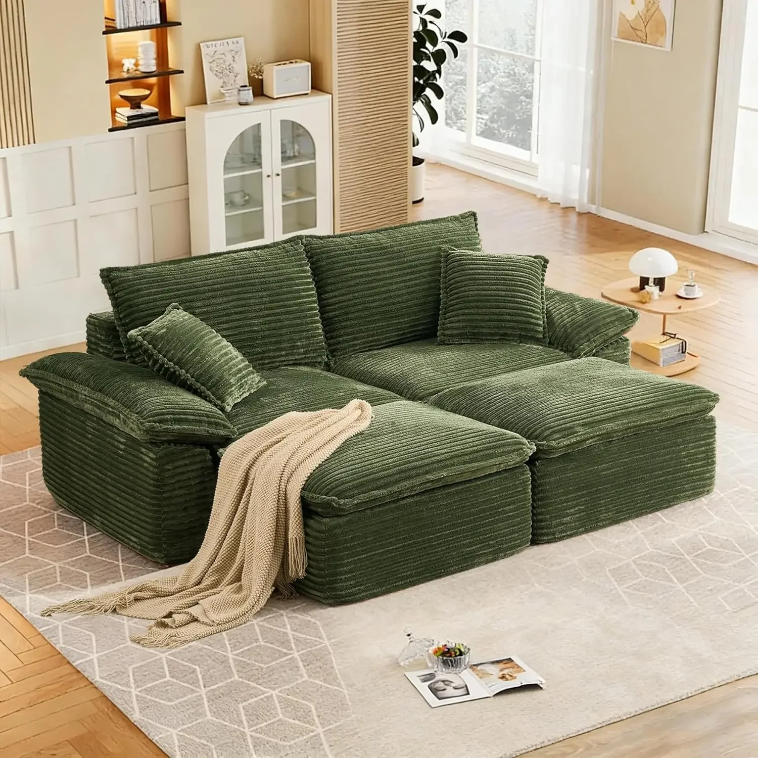 

Бескаркасный диван-софа 81 дюйм с отстегивающимся пуфом, увеличенный мягкий диван-кровать с подушками, плюшевый диван из искусственного меха, на заказ