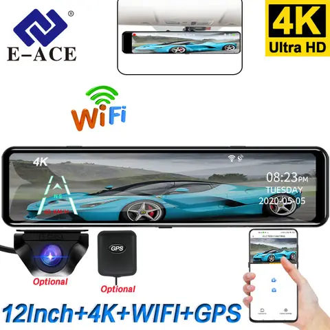 ACCEO 4K WIFI Dashcam 12인치 자동차 DVR 백미러 레코더 대시 캠 지원 1080P 소니 블랙 박스 후면보기 카메라 액세서리