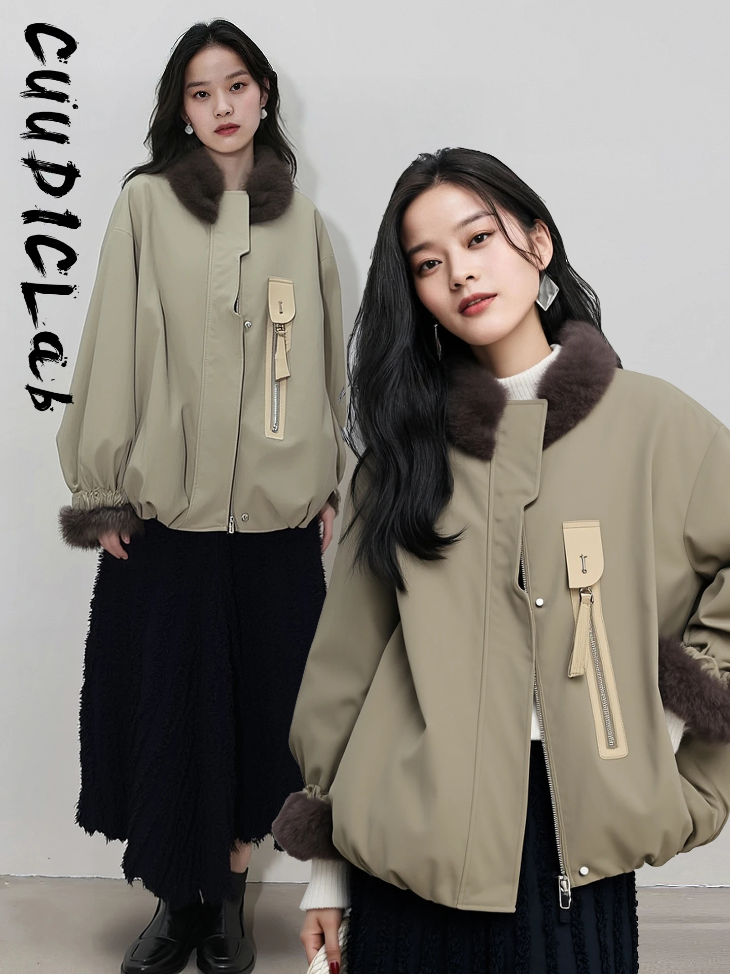 

CUUDICLAB Women's Thiened Winter Parka Coat with Fur Collar ort Outerwear Warm Buxom Zipped Decorated Polyester Fiber