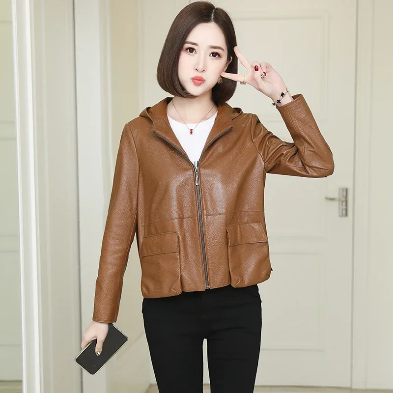 2024 frühjahr Echt Leder Jacke Frauen Echtem Schaffell Leder Mantel Kurze Kapuze Leder Jacken Chaqueta Cuero Genuino Mujer