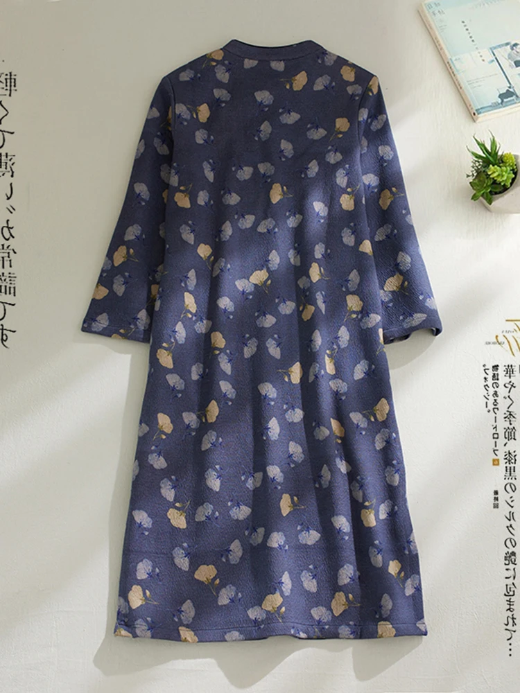 Retro Le Print Thiened Garza di cotone Lungo Sve Colletto alla coreana Dr plus Size Abbigliamento donna Grasso MM Button Plaet Maxi...
