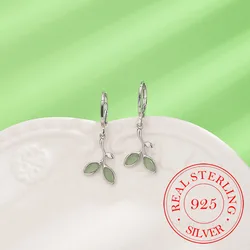 Original 925 Sterling Silver Opal Green Leaf Ear Tassel Hoop Earrings For Women Wedding Party Jewelry Gift Female Pendientes