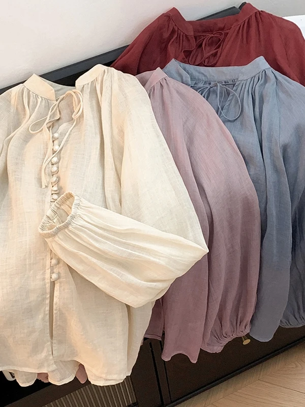 芸術的なコットンリネンランタンスベール女性用ゆったり軽量サマーアウターリネン日焼け止めオープンカーディガン トップス