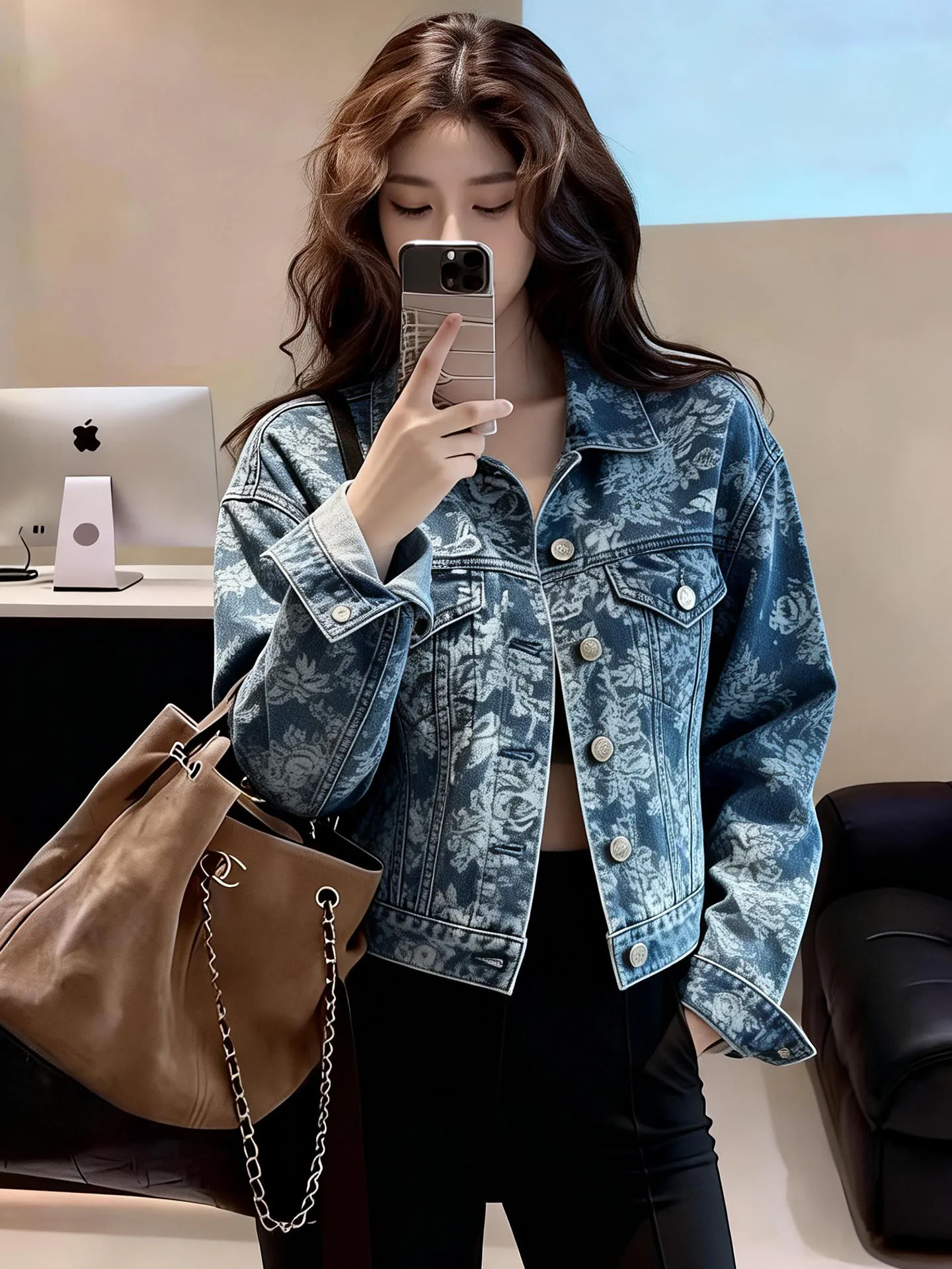 

Retro Blue Floral Print Denim Jaet Women's ort Loose Faionable Top Spring 2026 New Arrival Versatile Sli Outerwear