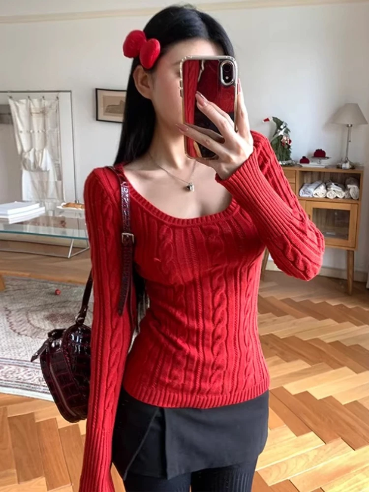 

Harajuku Square Collar Solid Twist Sweaters Grunge Vintage Women Bodycon Pullovers 2026 Y2k Aesthetic Hollow Out Knitted Jumper