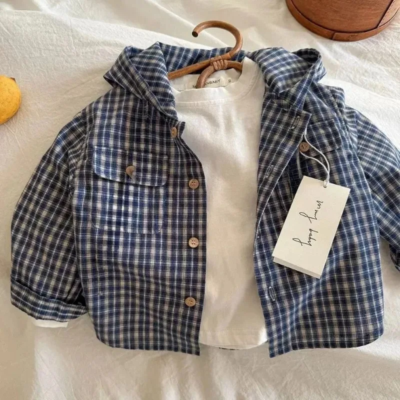 Korean Children Shirts Girls and Boys Hooded Shirts Kids Cotton Plaid Tops Spring and Autumn Long-Sleeved Casual Coat