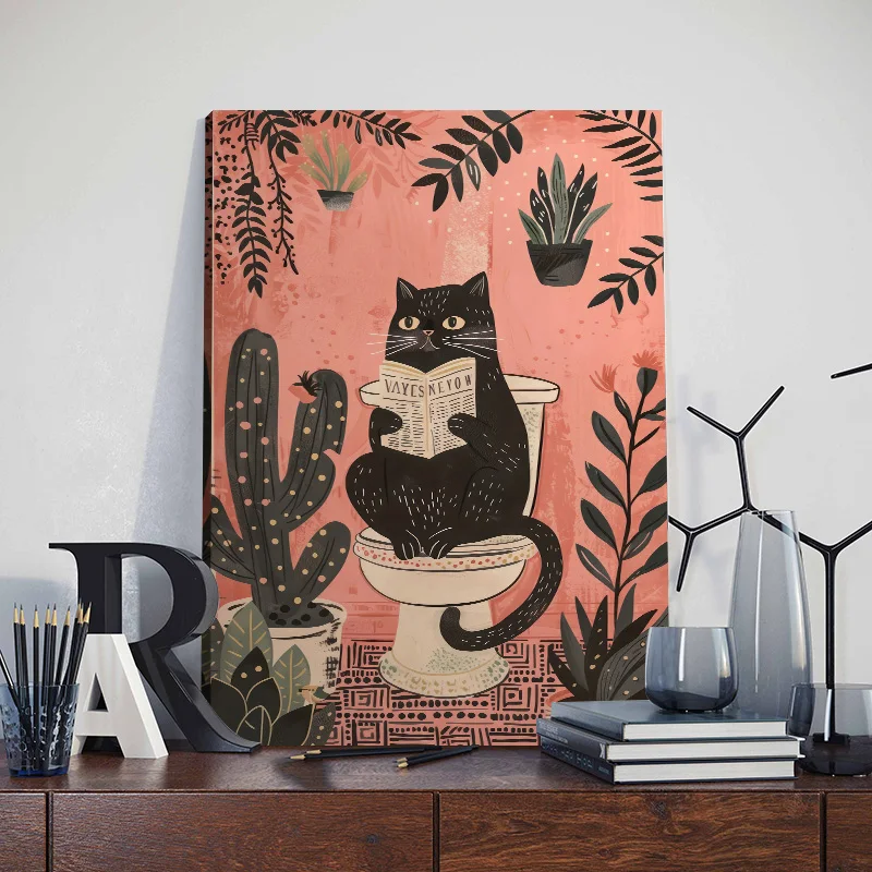 Funny Black Cat On The Toilet Reading Poster Animal Bath Prints Canvas Painting Wall Art Pictures for Toilet WC Bathroom Decor