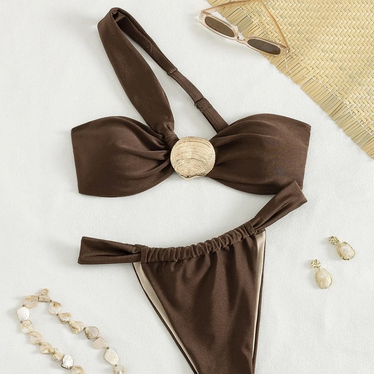 Women Dark Brown One Shoulder 2 Piece Bikini Set Shell Metal Buckle Twist Bandeau Top Side Ruched High Cut Cheeky Beach Swimwear