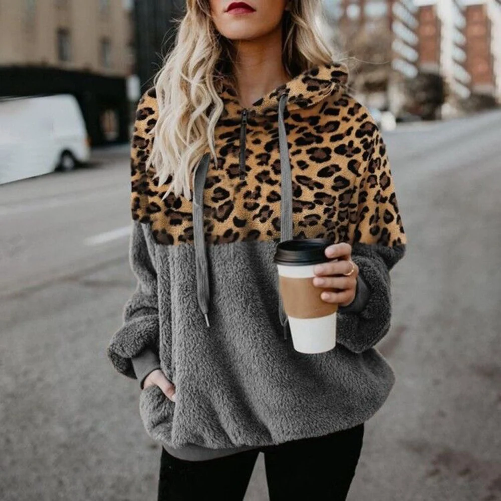 Women Leopard Print Plush Sweatshirt Hoodie With Pockets Drawstring Hood Women\'s Tops