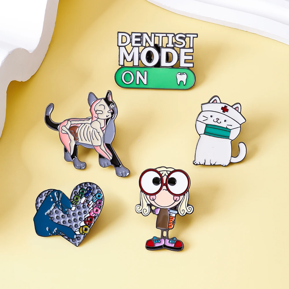 Medsor Fun Medical Enamel Brooch Set Pet Doctor Nurse Cat Anatomy Style Cartoon Collar Badge Healthcare Personnel Jewelry