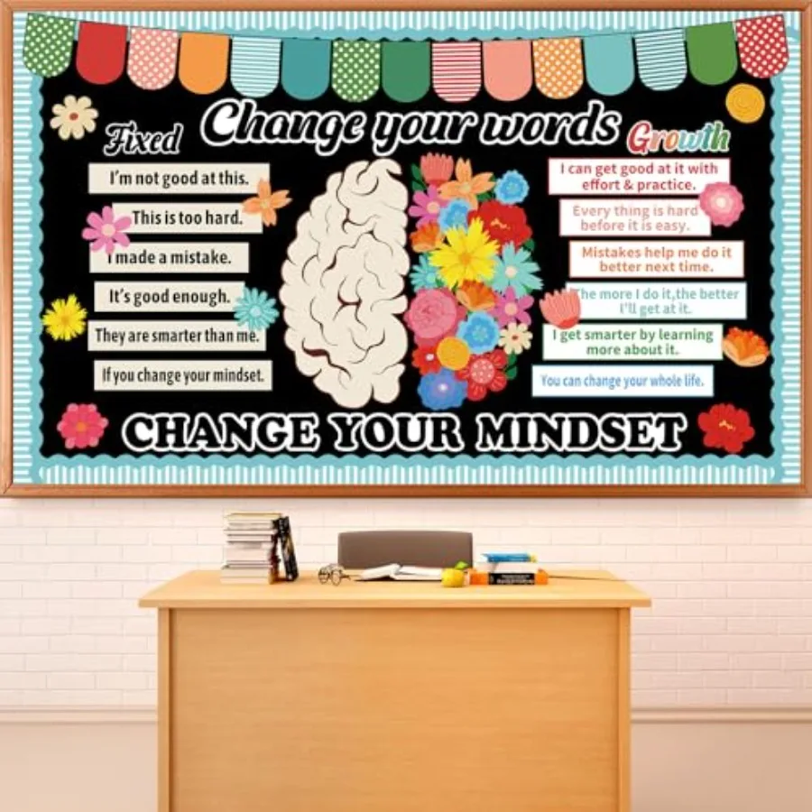 

Набор для оформления классной доски в стиле Growth Mindset: тематика «Цветы», вырезки в форме мозга с маргаритками, для изменения мышления