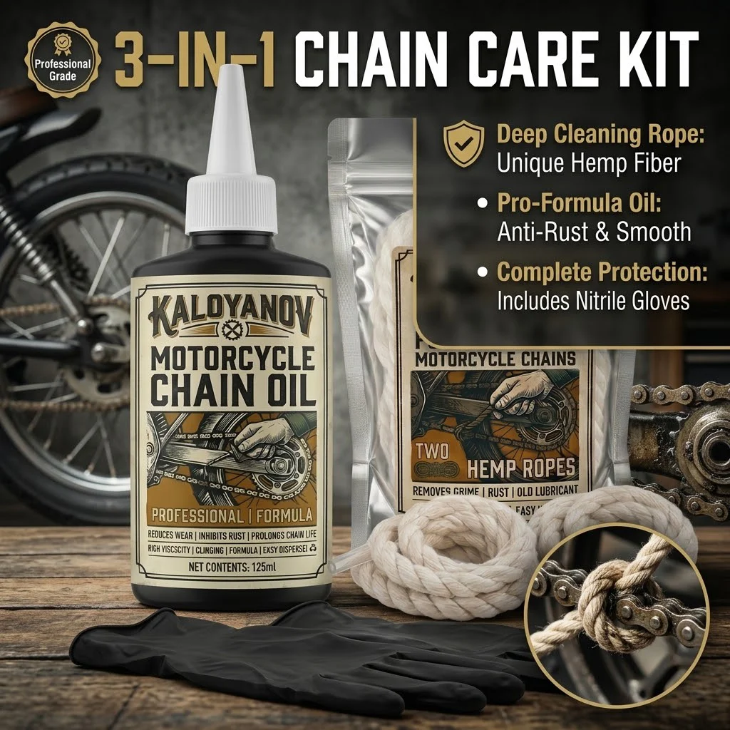 Motorcycle Drive Chain Cleaning Twine Kit with Lube Lubricant Oil & Nitrile Gloves, Complete Maintenance Care Set Accessories