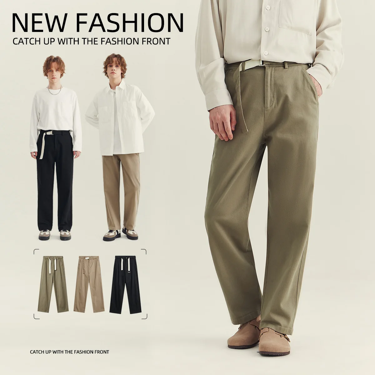 

Модные мужские повседневные брюки прямого кроя для осени с поясом, средней посадкой, длинные, 100% хлопок, городской стиль, цвет хаки