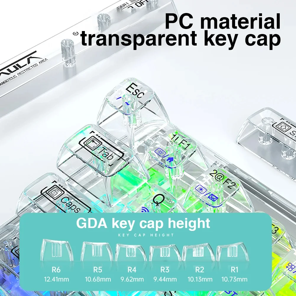 AULA Mechanical Keyboard F68 2.4GWireless/Bluetooth/Wired Transparent Keycaps For Colored Lights Work Gaming Mechanical Keyboard