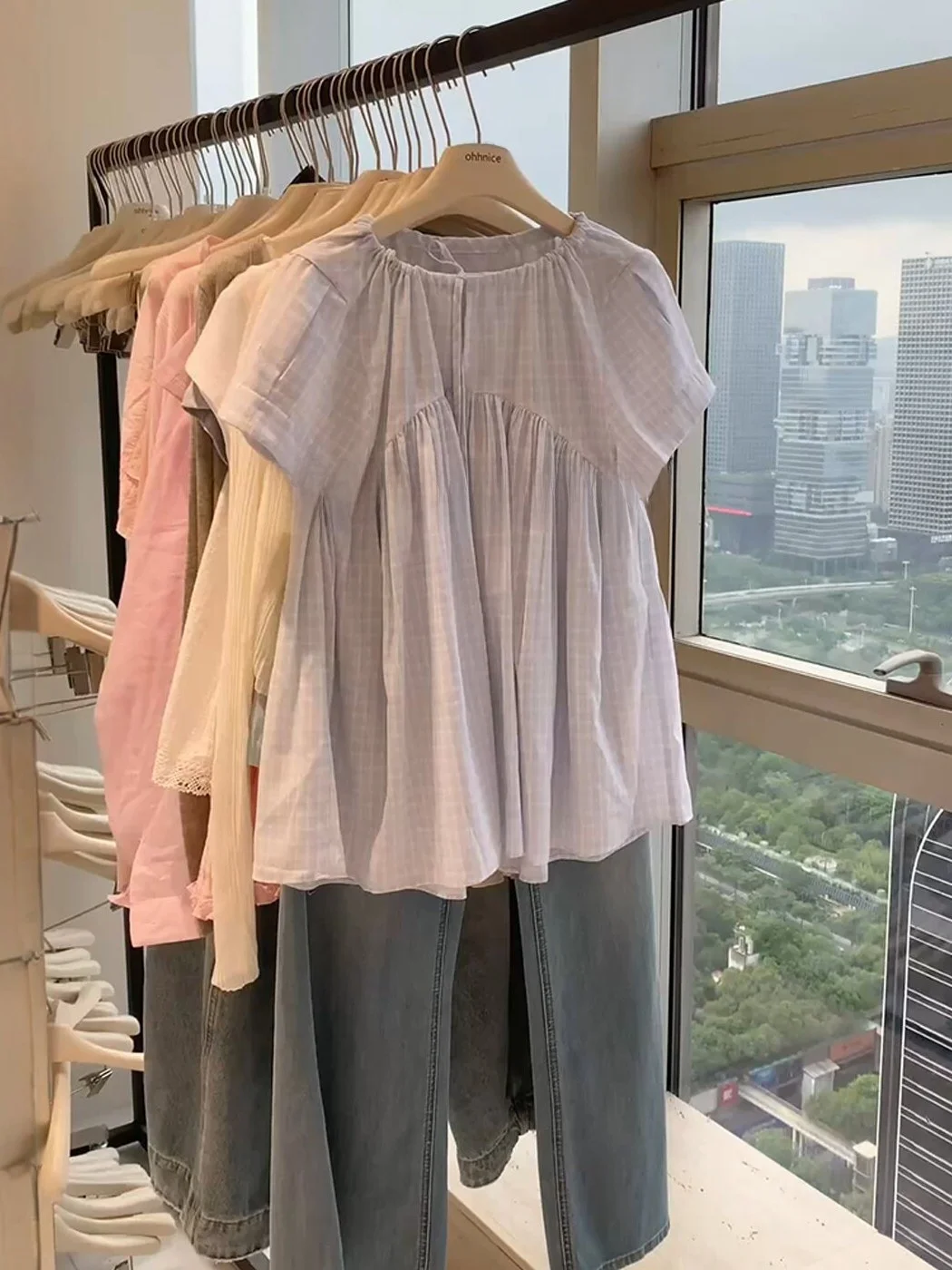 

Sweet Blue Plaid Short Sleeve Shirt Korean Style Loose Fit Summer New Arrival Women's Fashion Slimming Doll Top Citywalk Esse...