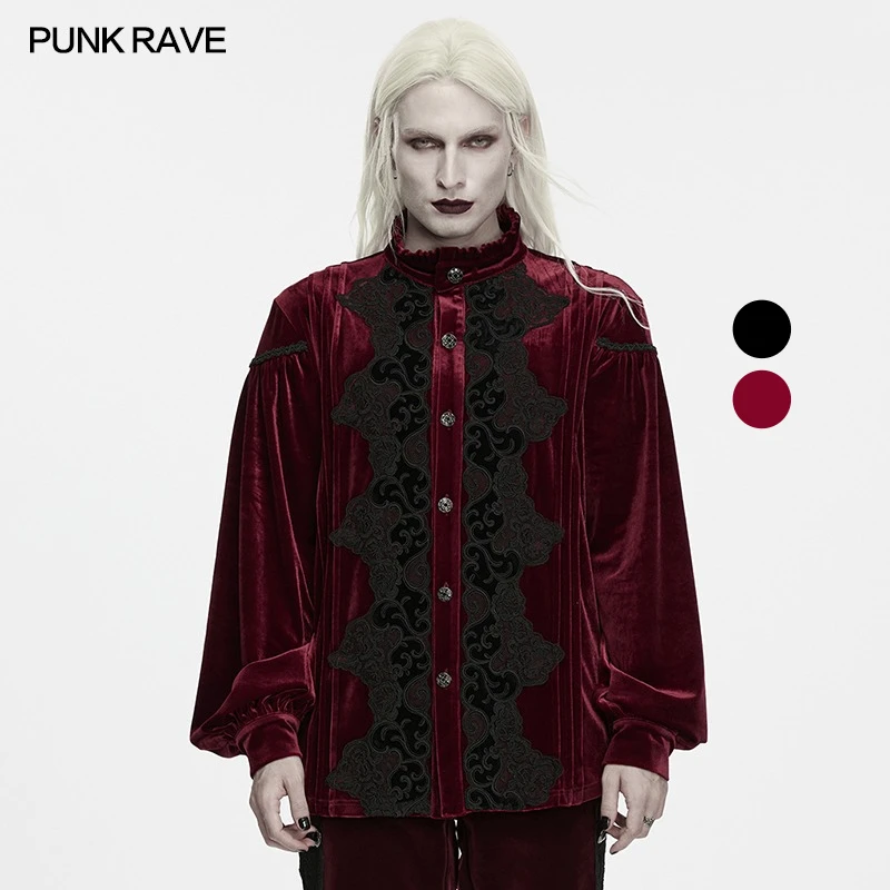 PUNK RAVE Men's Gothic Luxurious Texture Velvet Court Shirt Stand Collar Vintage Lantern Long Sleeves Noble Party Top Two Colors