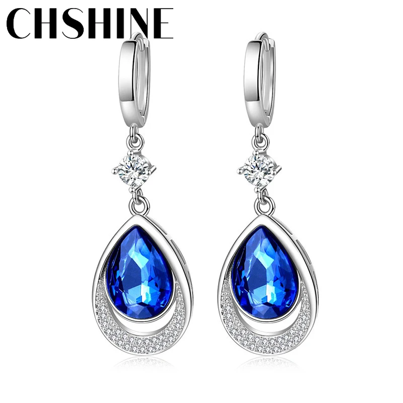 CHSHINE-925 Sterling Silver Water Drop Sapphire Brincos Para Mulheres, Jóias Da Moda, Banquete De Casamento, Presente De Festa