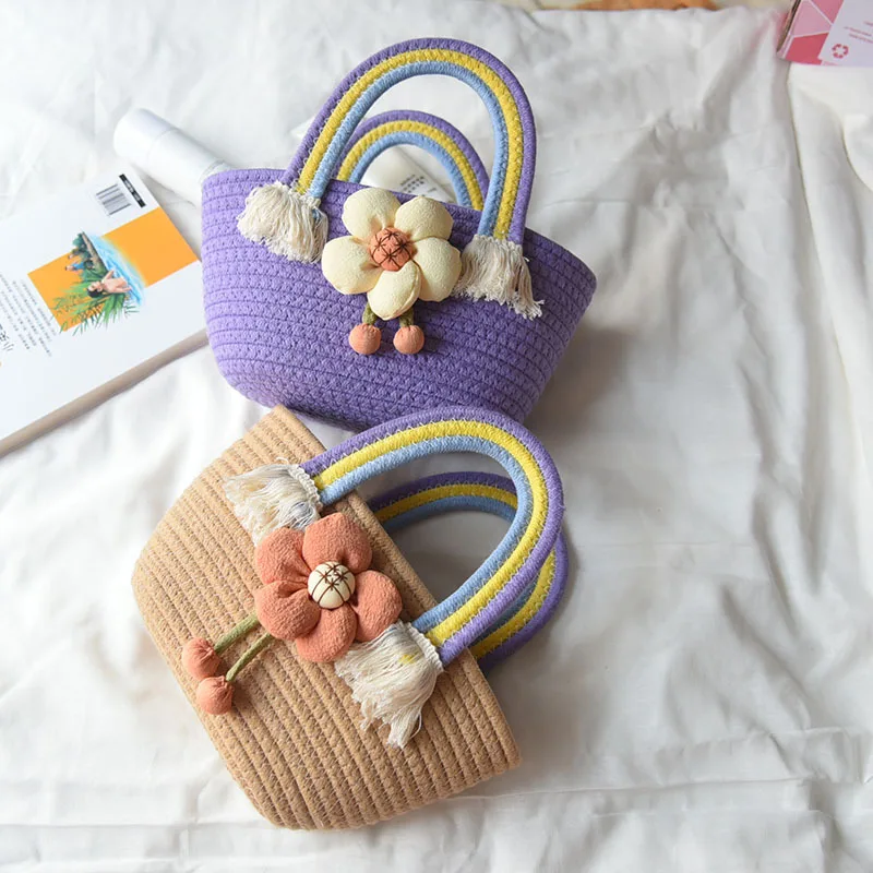 Summer Handmade Bags For Women Beach Weaving Ladies Leisure Bag Handle Handbags Lovely Flowers Rainbow Handles Knit Cotton Bales