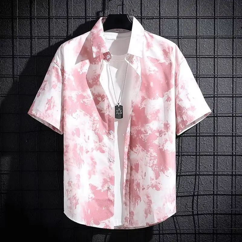 Hong Kong Fashion Style Loose short Sleeve floral shirt men's Hawaiian  beach shirt Japanese ins Turn-down Collar Tops For Men