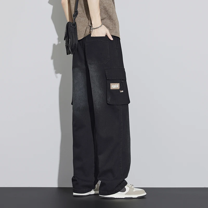 Men's Loose Straight Cargo Jeans Elastic Street Style Summer Thin Denim Pants Multi-Pocket Vintage Washed Casual Long Trousers