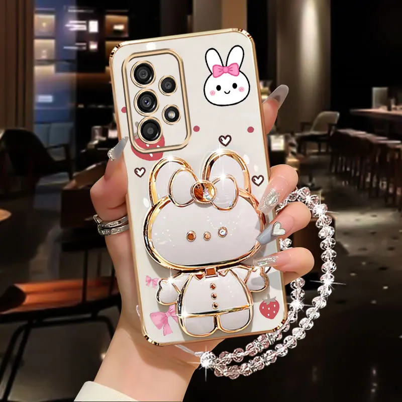 Crystal Strap Lanyard Bow Bunny Phone Holder Case On For Samsung Galaxy A32 A33 A52 A53 A52s A73 A51 A71 A72 A23 4G 5G Cover
