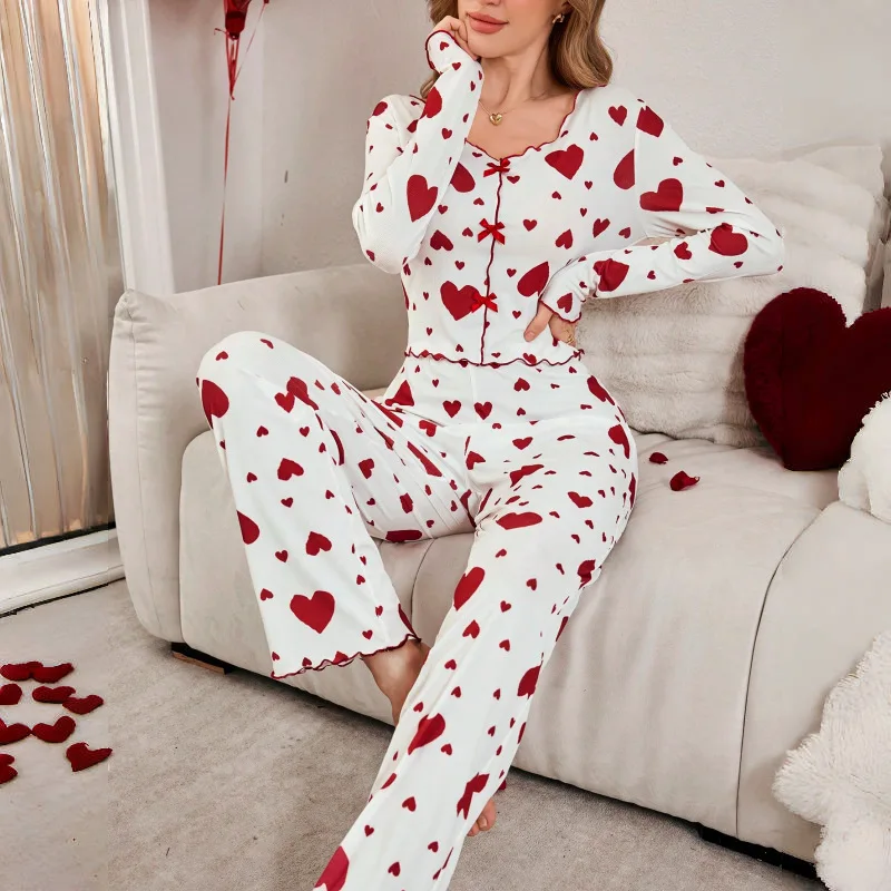 Women's Heart Print Bow Pajama Set - close-up view