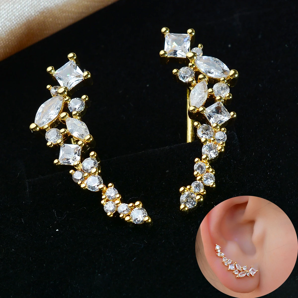 Trend Personality Geometry Studs Climb Ear Crawler Earrings Exquisite Women's Ear Accessories with Dazzling CZ Fashion Jewelry